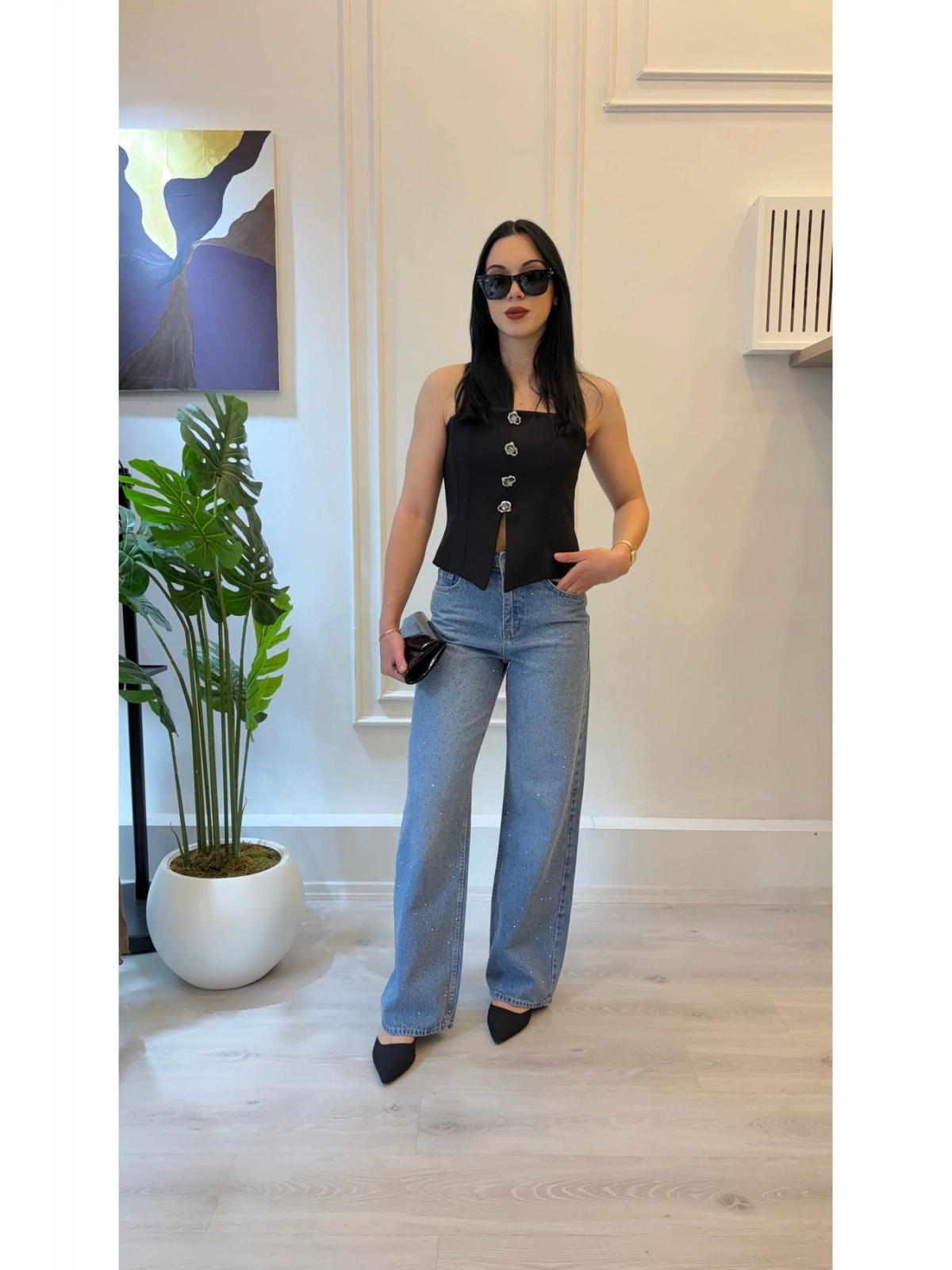 Taş Düğme Detaylı Straplez Korse Top