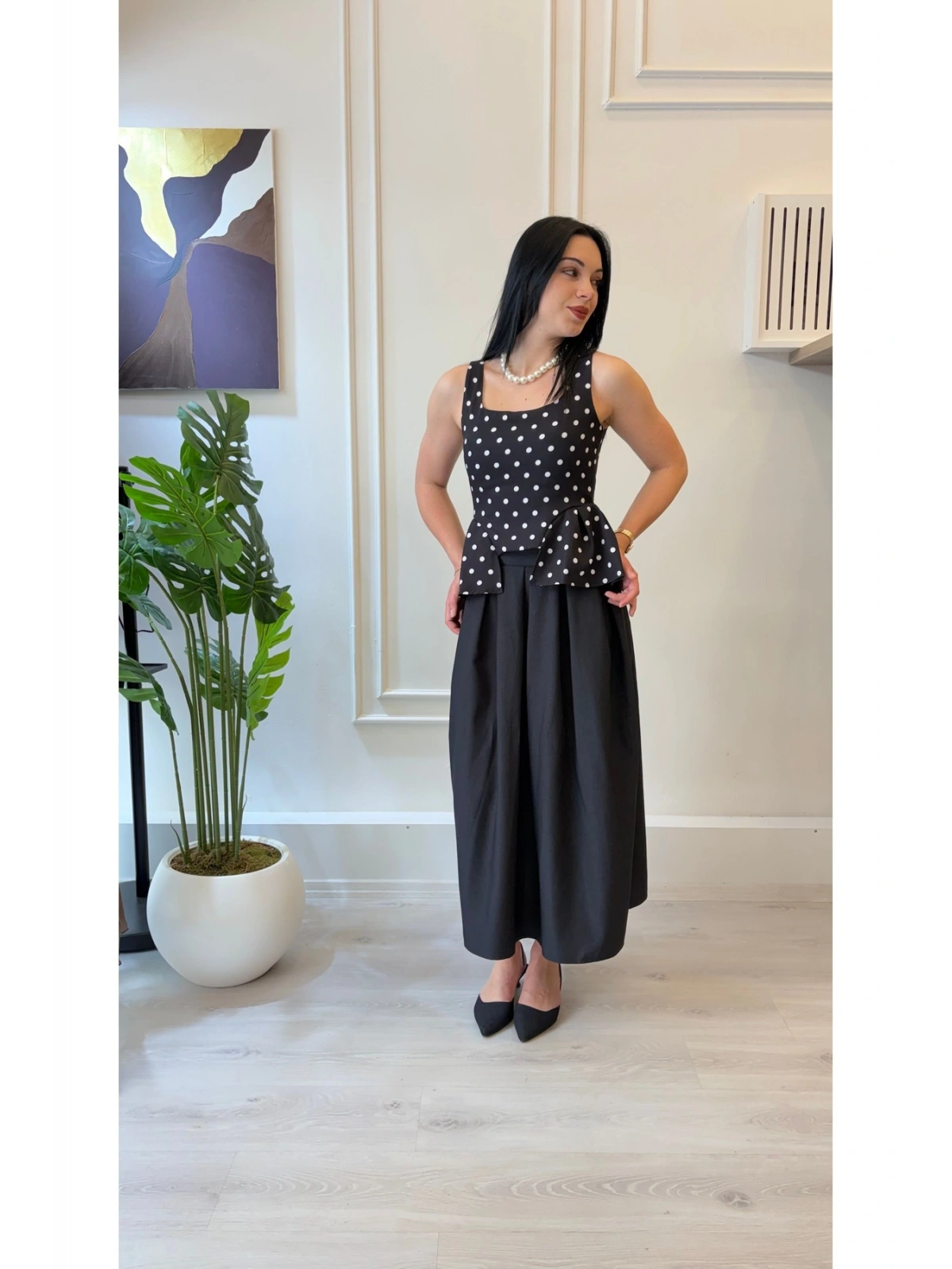 Zarif Peplum Kesim Puantiyeli Bluz