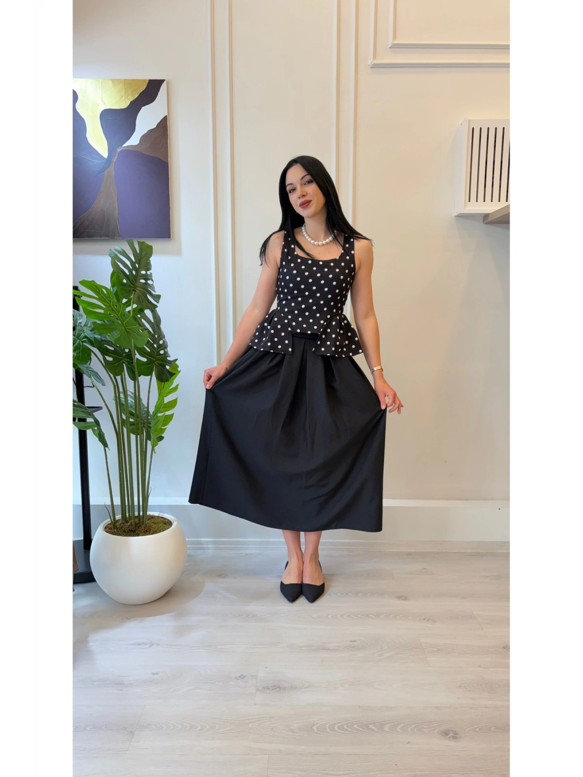 Zarif Peplum Kesim Puantiyeli Bluz