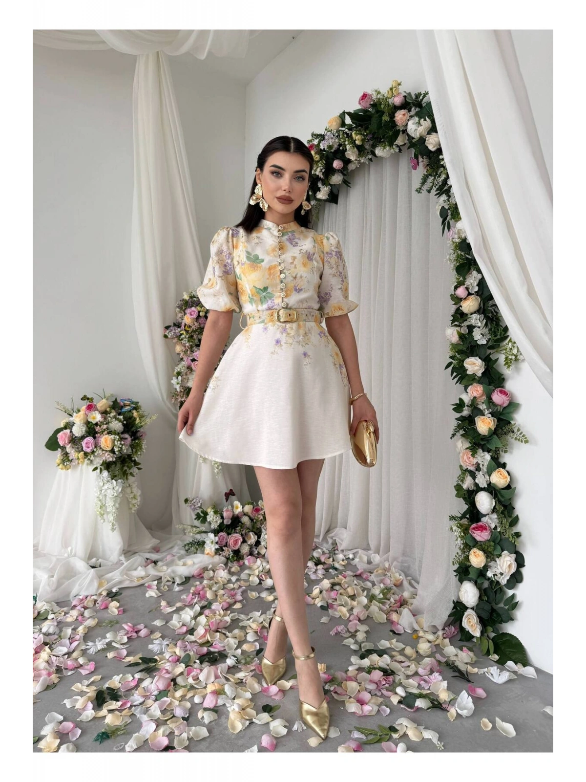 Vintage Garden Kemer Detaylı Mini Elbise