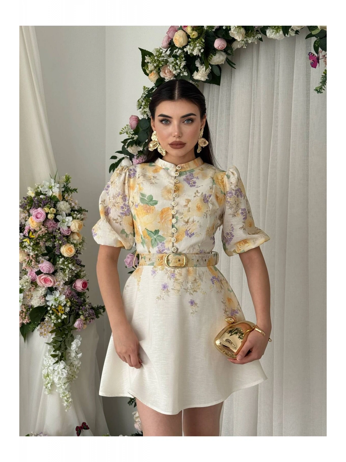 Vintage Garden Kemer Detaylı Mini Elbise