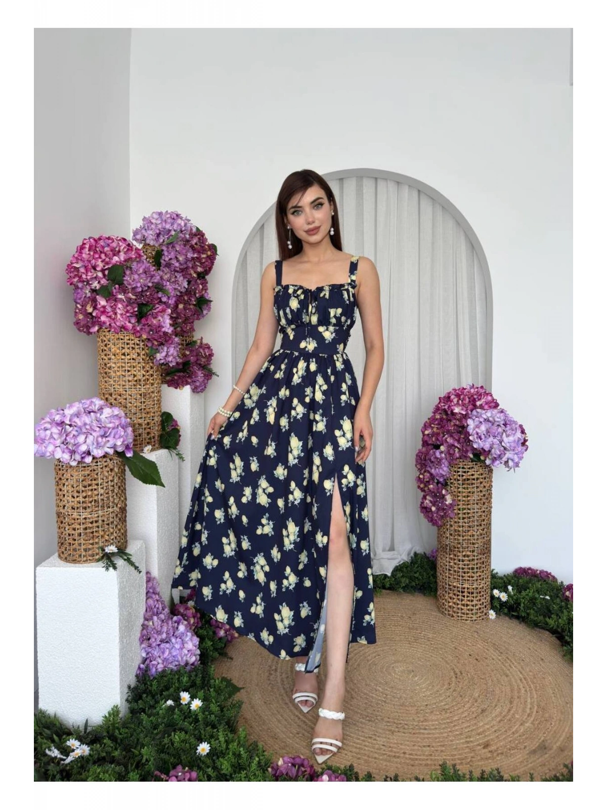 Limon Desenli Lacivert Maxi Elbise