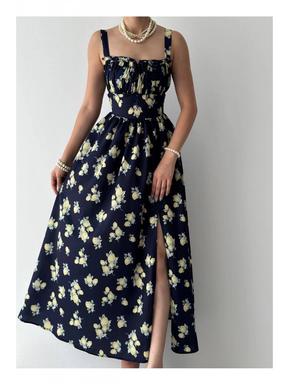 Limon Desenli Lacivert Maxi Elbise