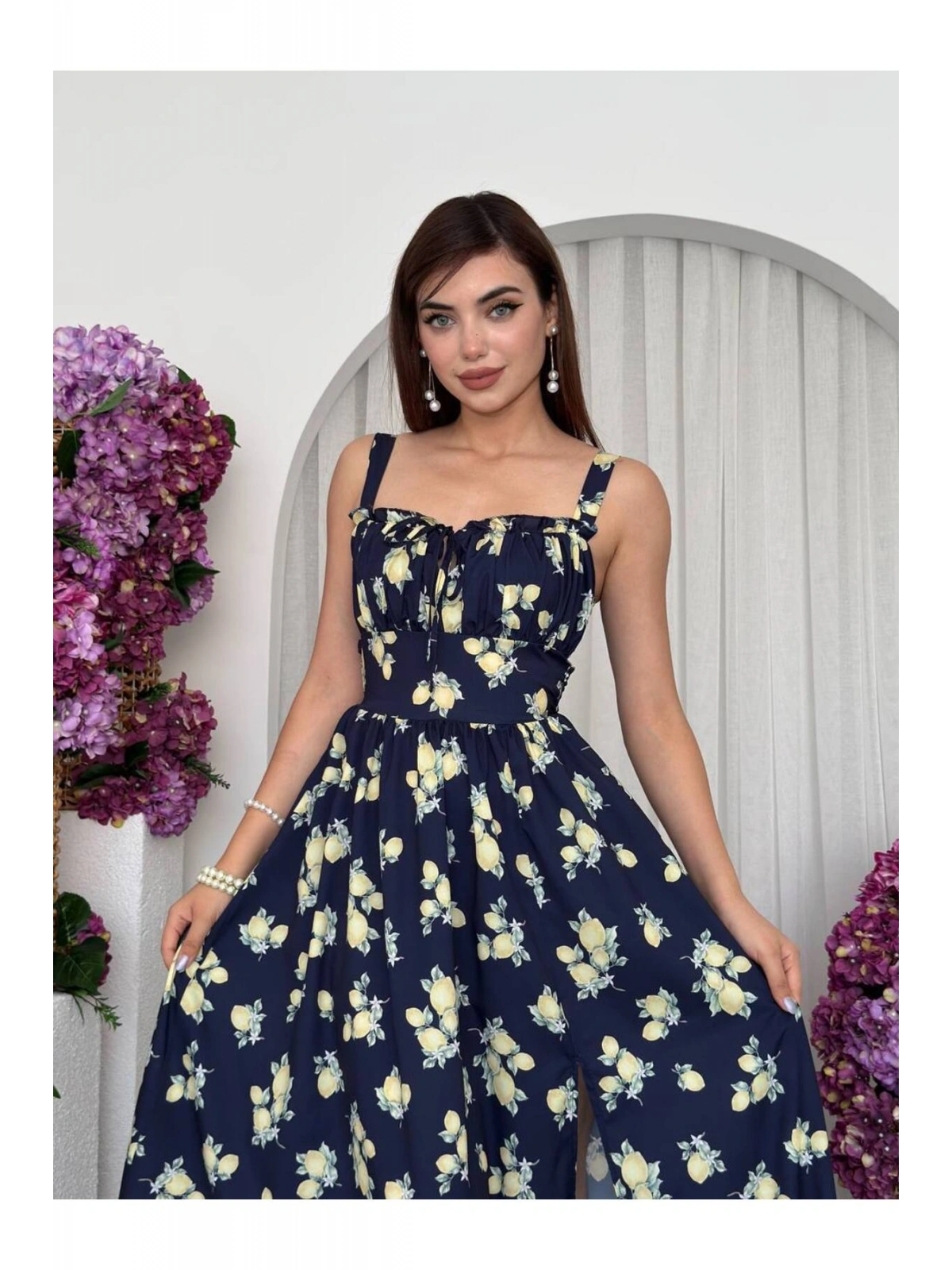 Limon Desenli Lacivert Maxi Elbise