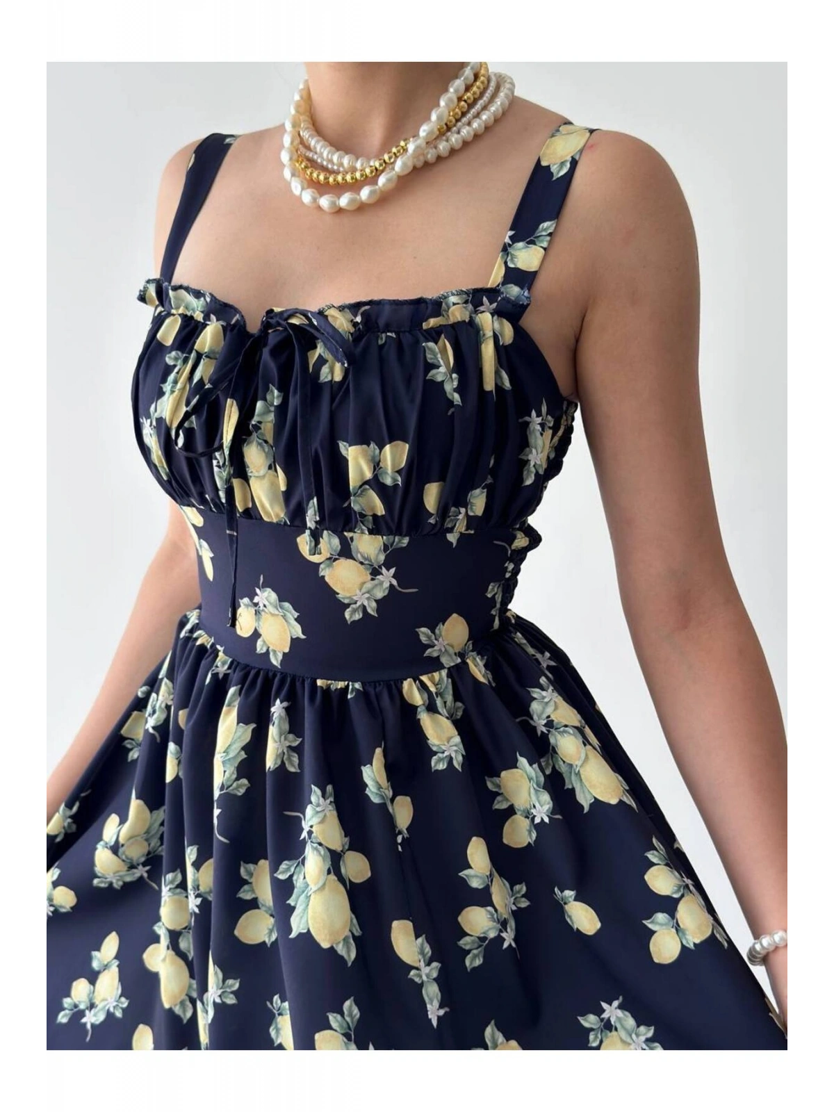 Limon Desenli Lacivert Maxi Elbise