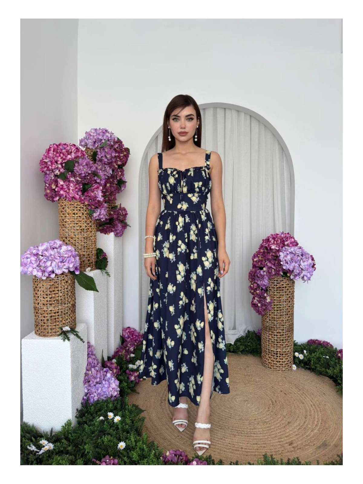 Limon Desenli Lacivert Maxi Elbise