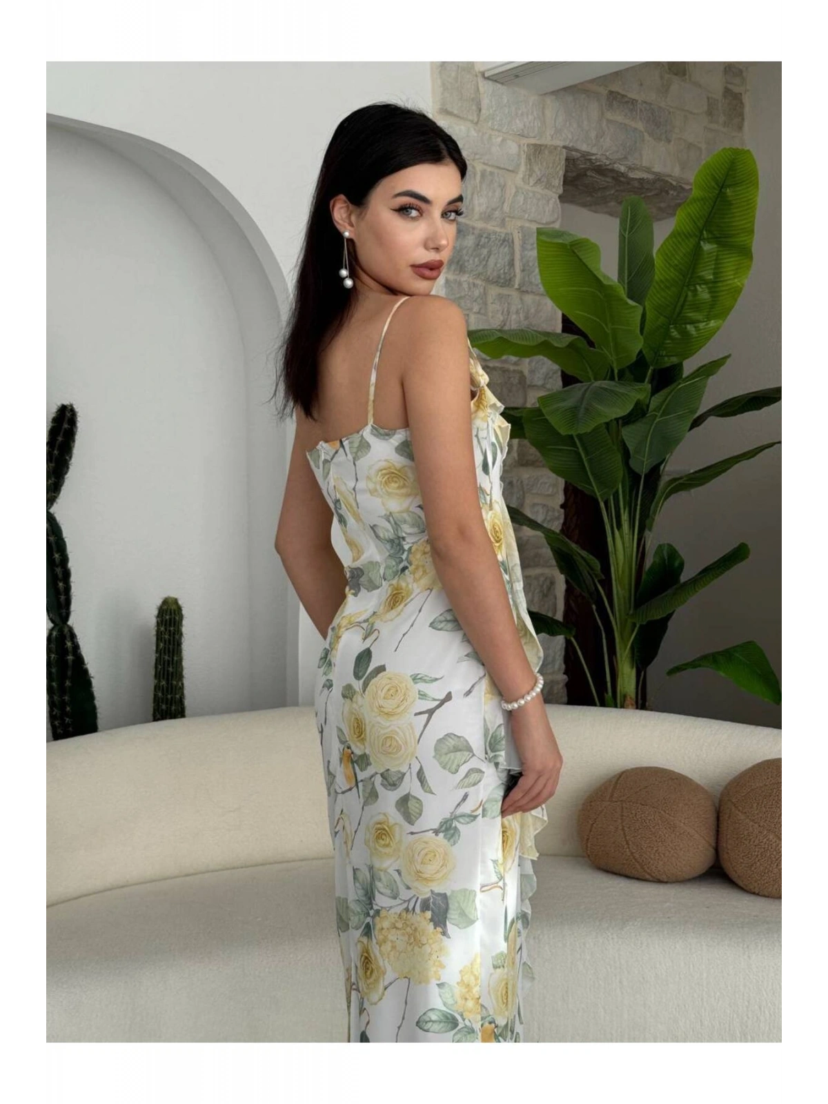 Limon Çiçeği Volan Detaylı Midi Elbise