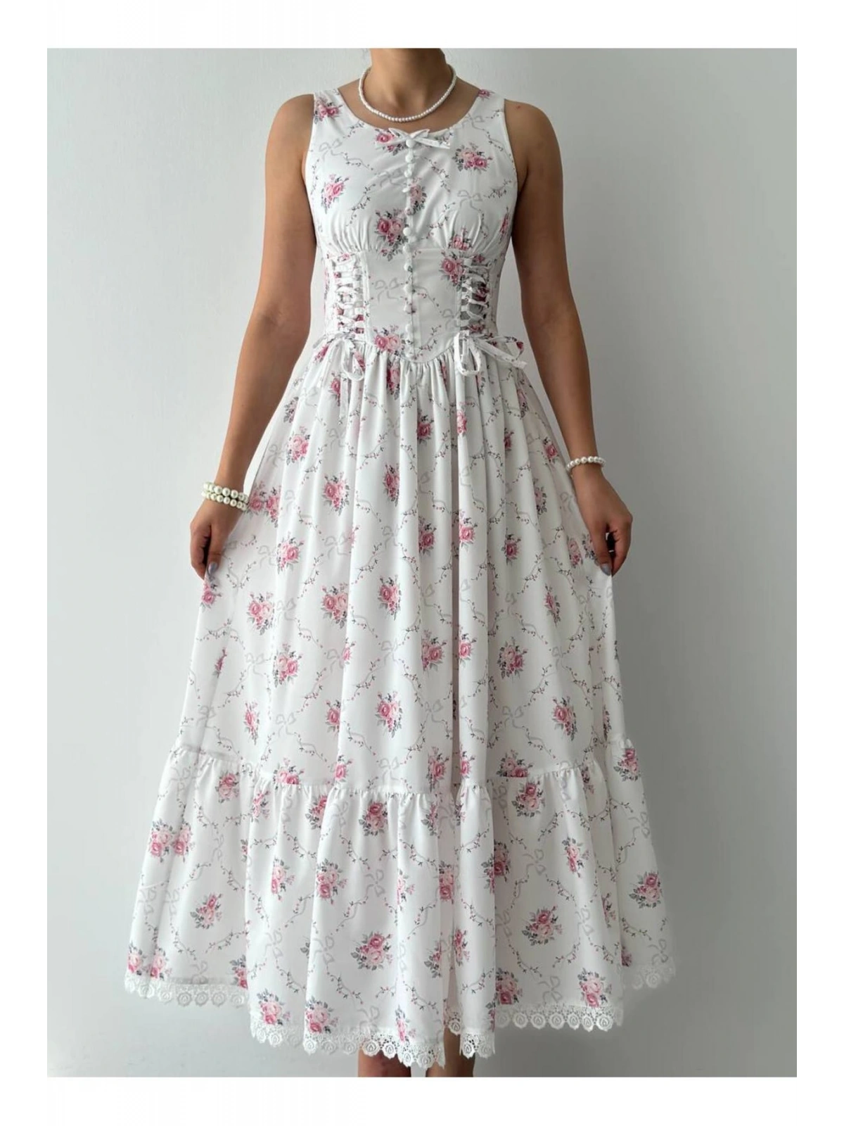 Vintage Gül Desenli Korsaj Detaylı Maxi Elbise