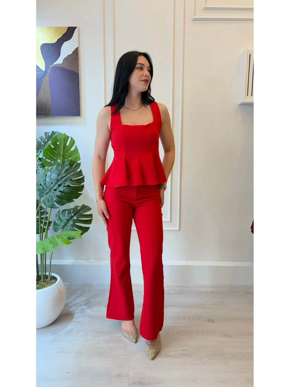 SHIN Kırmızı Peplum Bluz Pantolon Takım