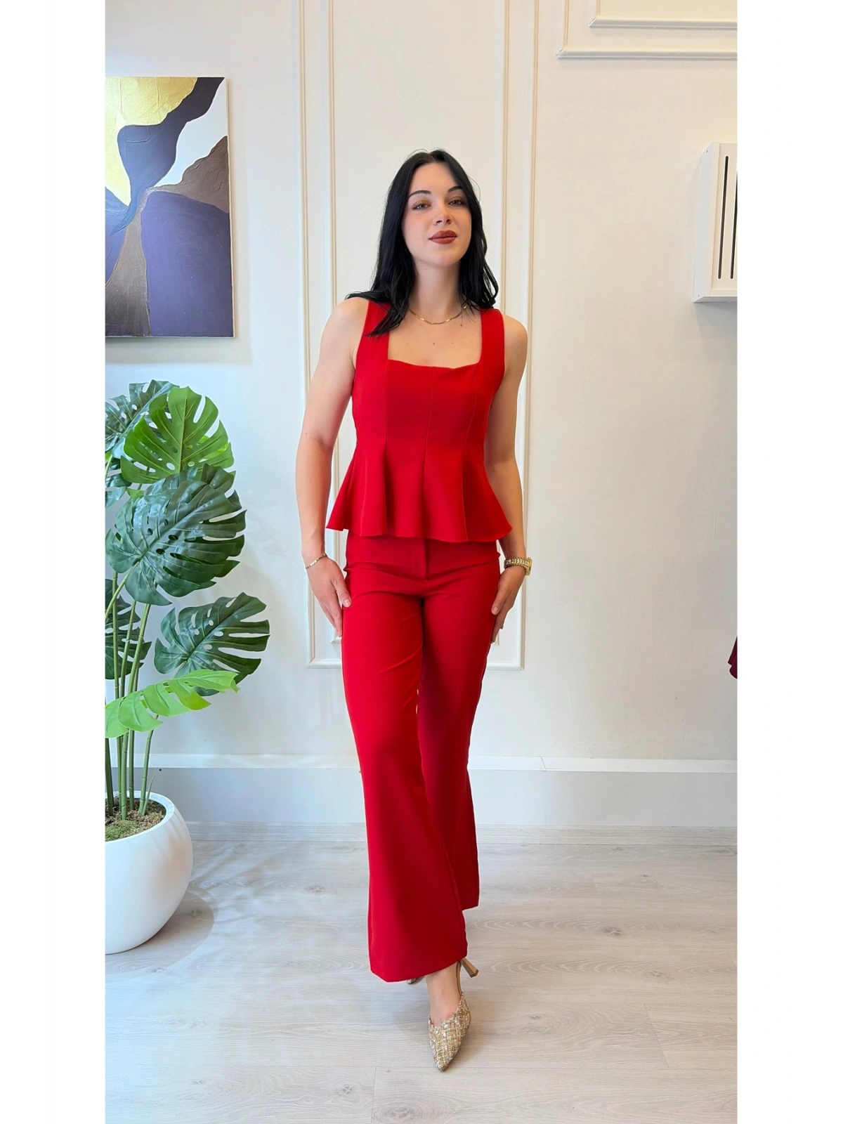SHIN Kırmızı Peplum Bluz Pantolon Takım