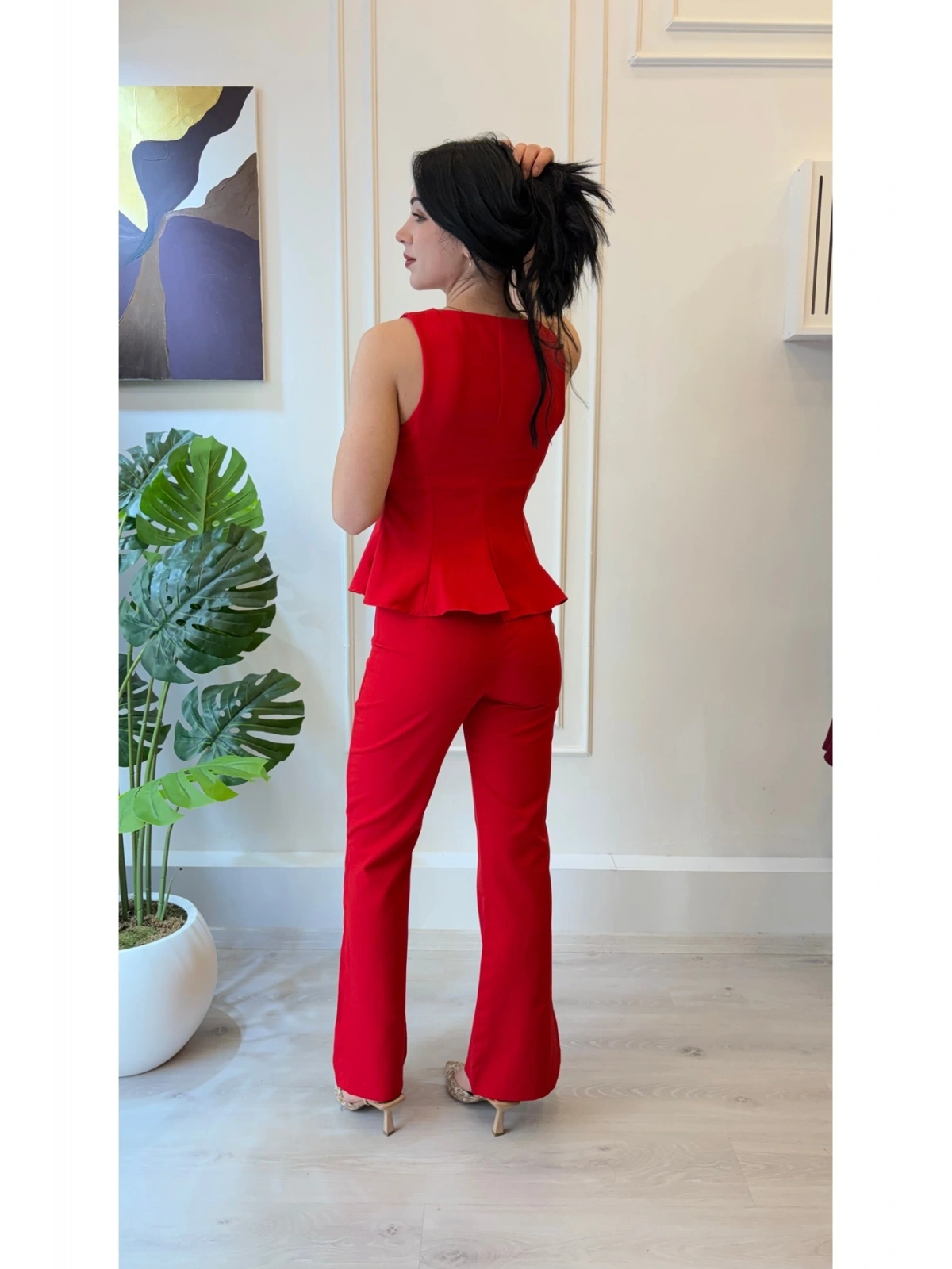 SHIN Kırmızı Peplum Bluz Pantolon Takım