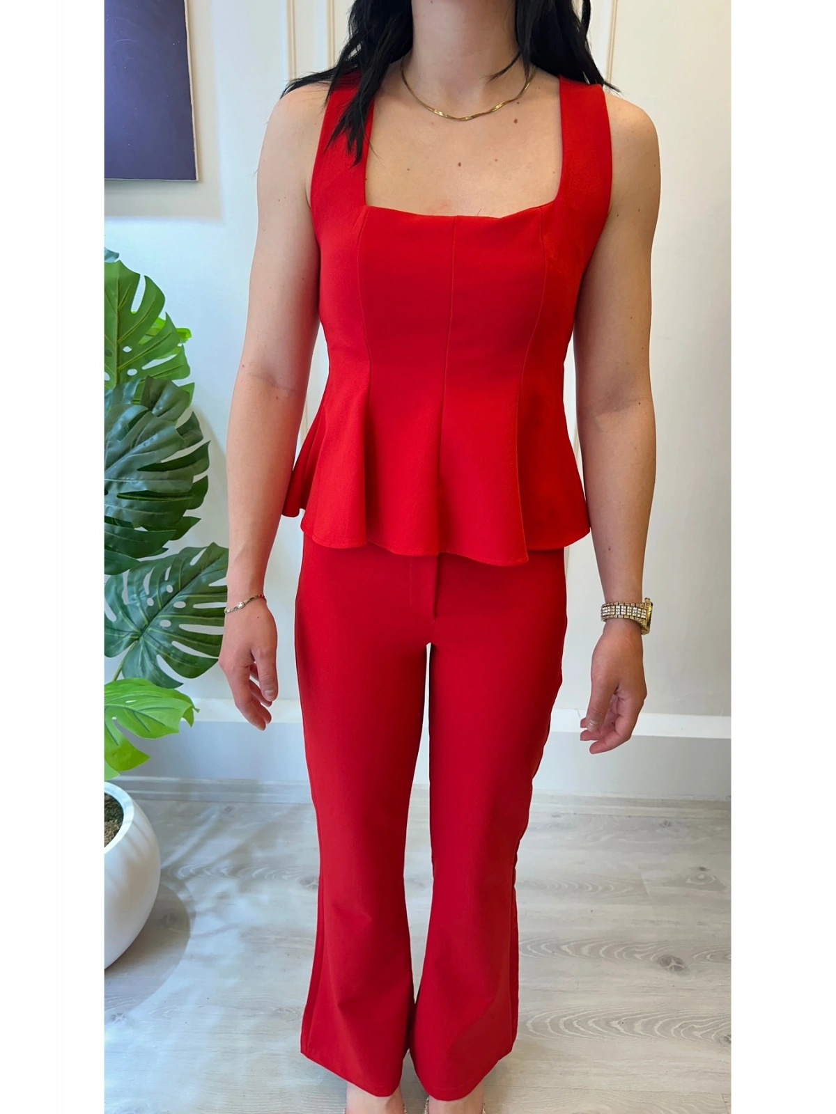 SHIN Kırmızı Peplum Bluz Pantolon Takım