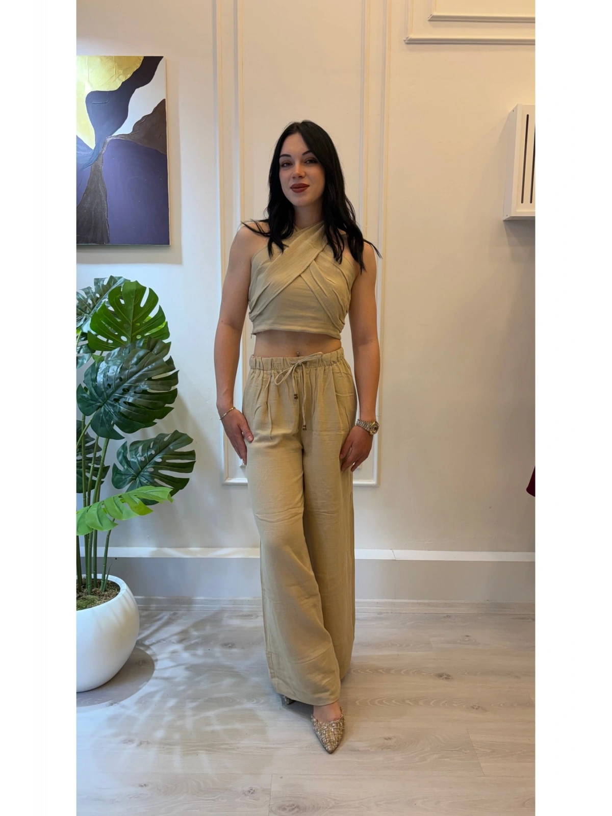 SHIN Bej Bağlamalı Keten Görünümlü Crop Pantolon Takım