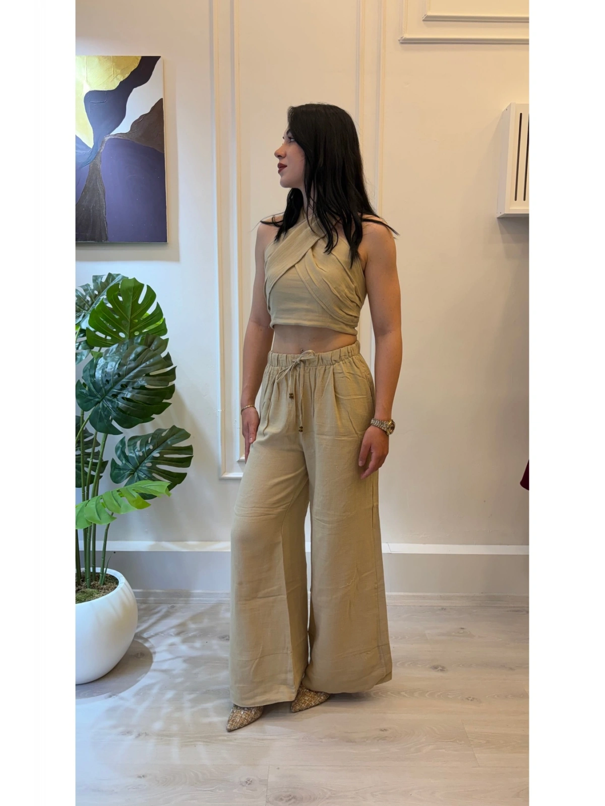 SHIN Bej Bağlamalı Keten Görünümlü Crop Pantolon Takım