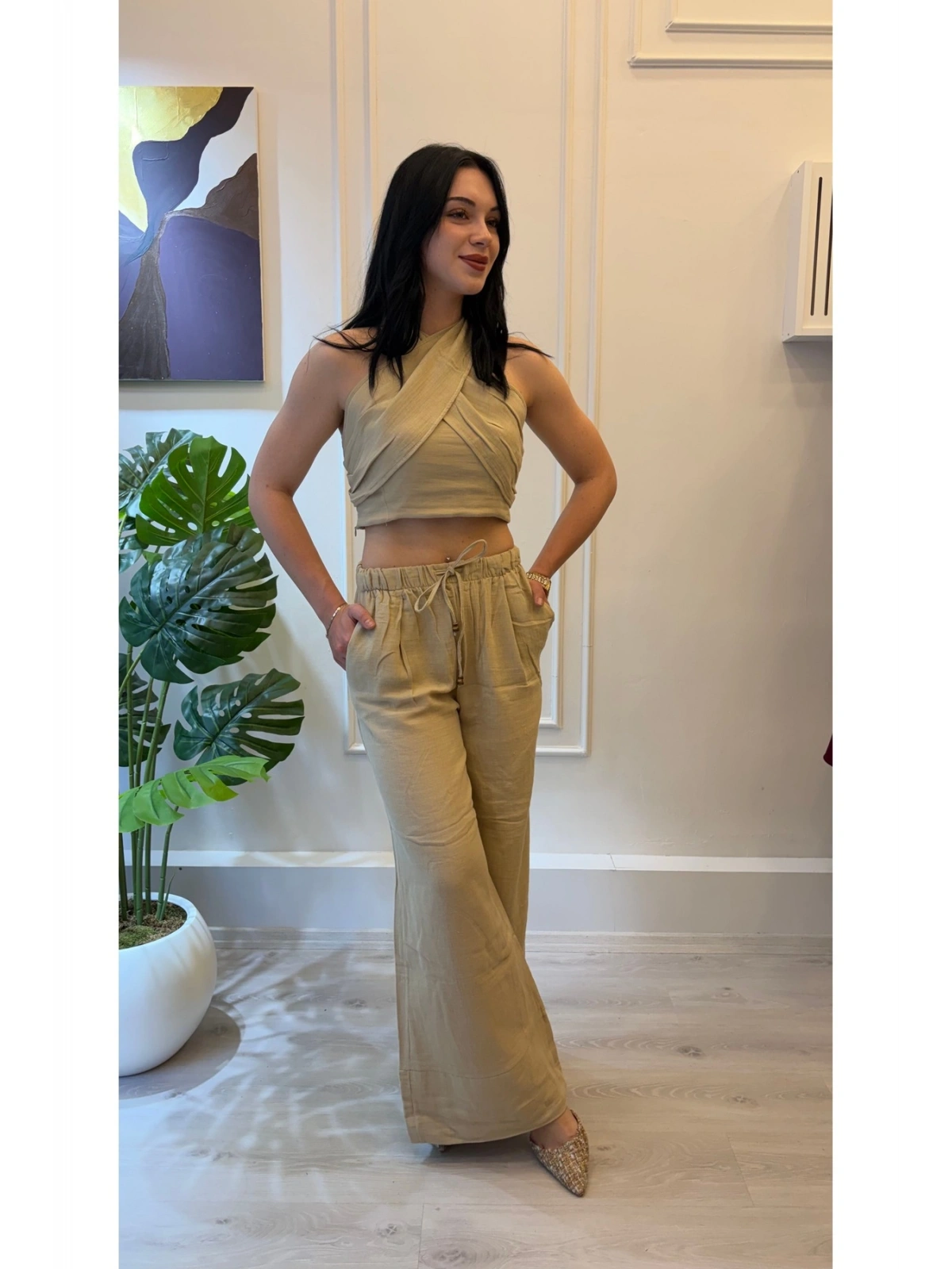 SHIN Bej Bağlamalı Keten Görünümlü Crop Pantolon Takım