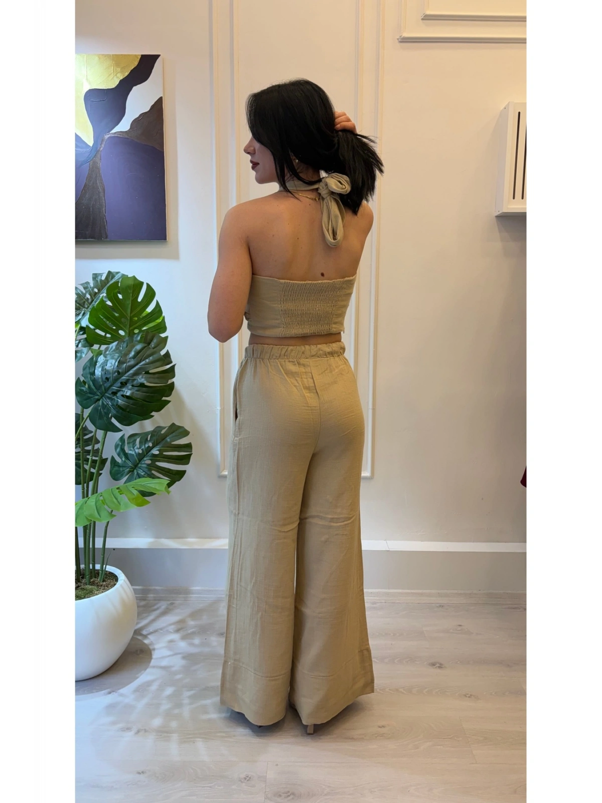 SHIN Bej Bağlamalı Keten Görünümlü Crop Pantolon Takım