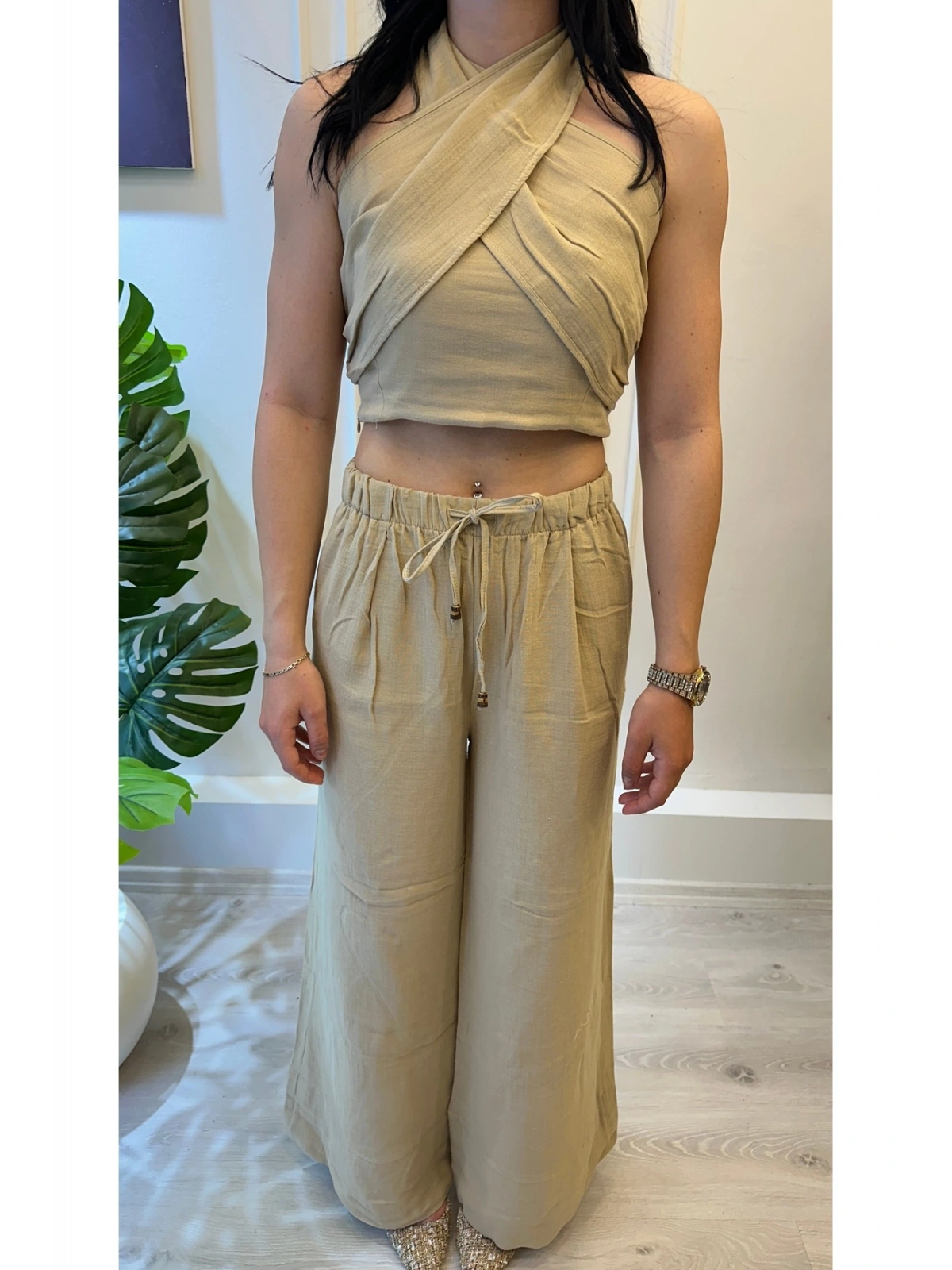 SHIN Bej Bağlamalı Keten Görünümlü Crop Pantolon Takım