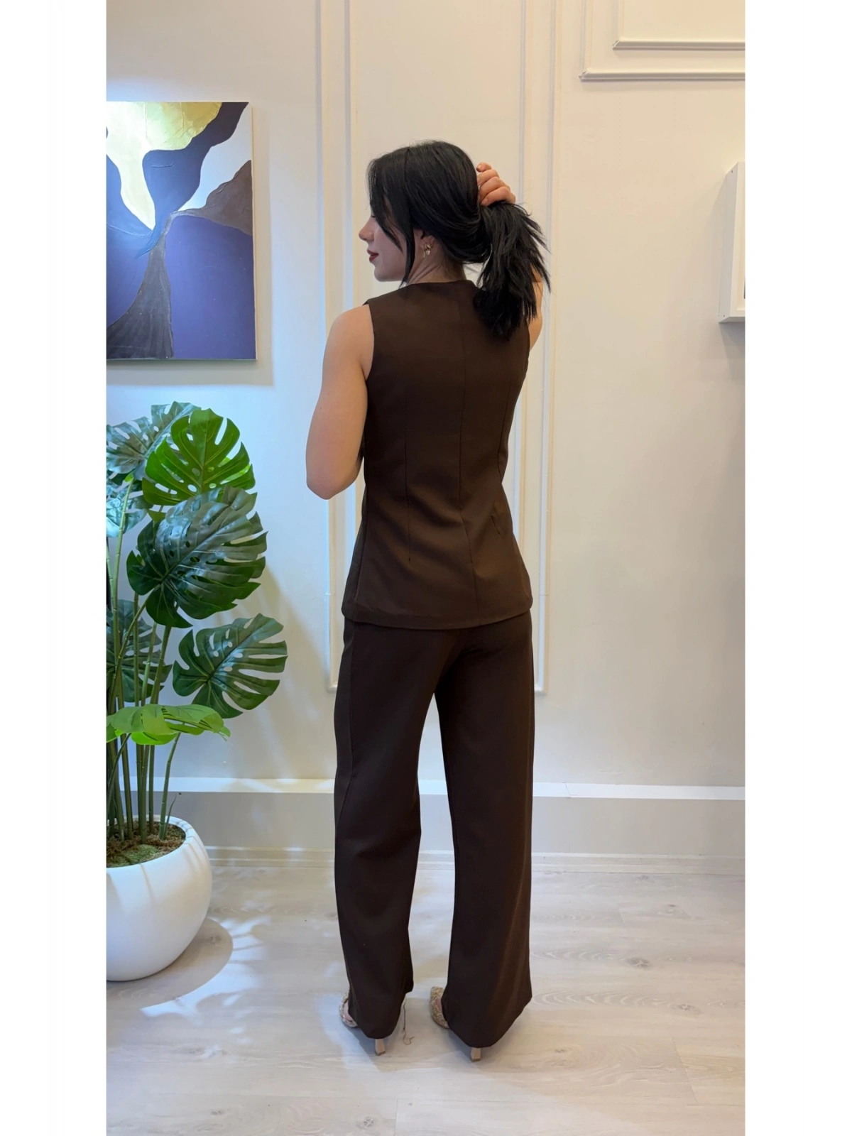 SHIN Gold Düğme Detaylı Kahve Yelek Pantolon Takım