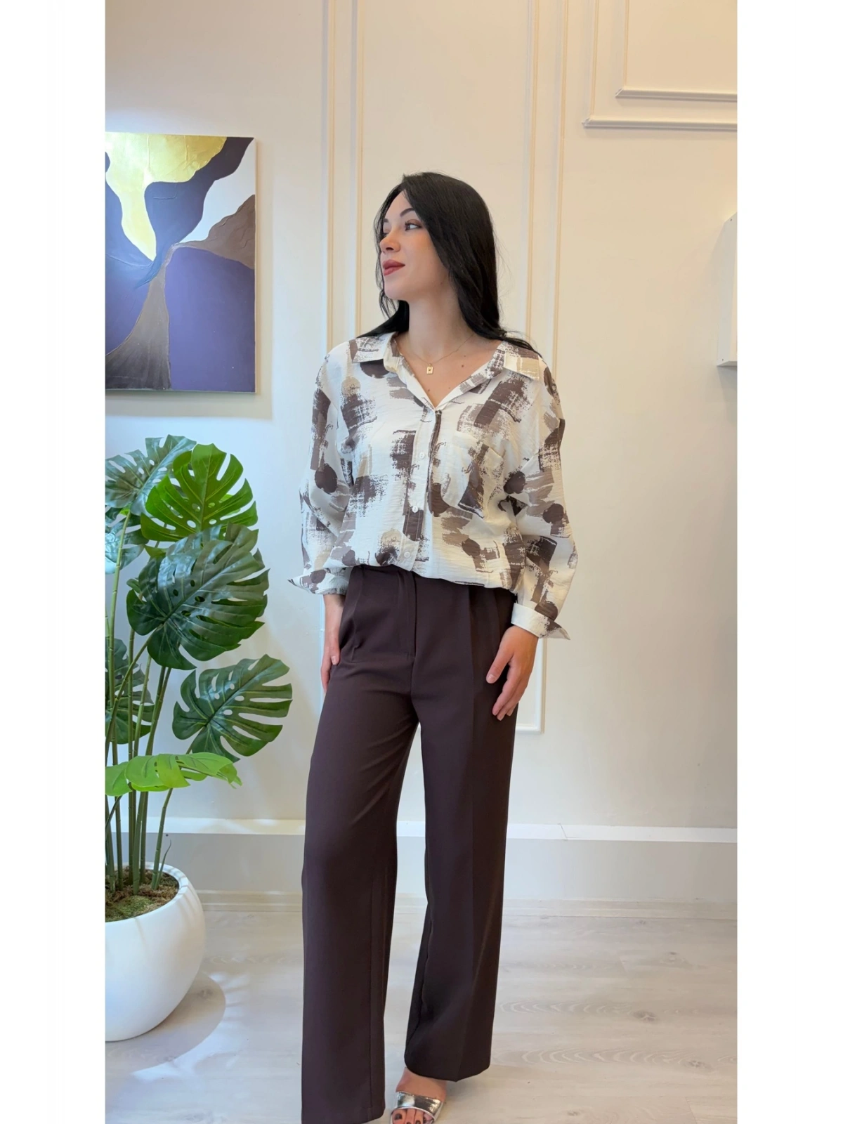 SHIN Soyut Desenli Oversize Gömlek