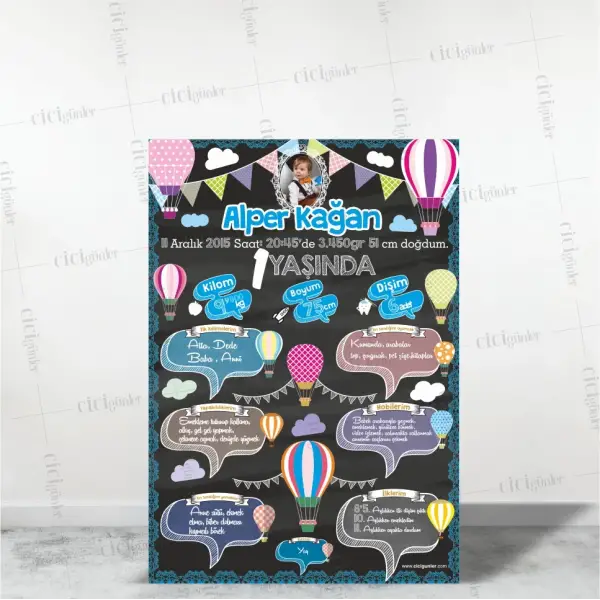 1 Yaş Doğum Günü Anı Gelişim Panosu Uçan Balon Tema