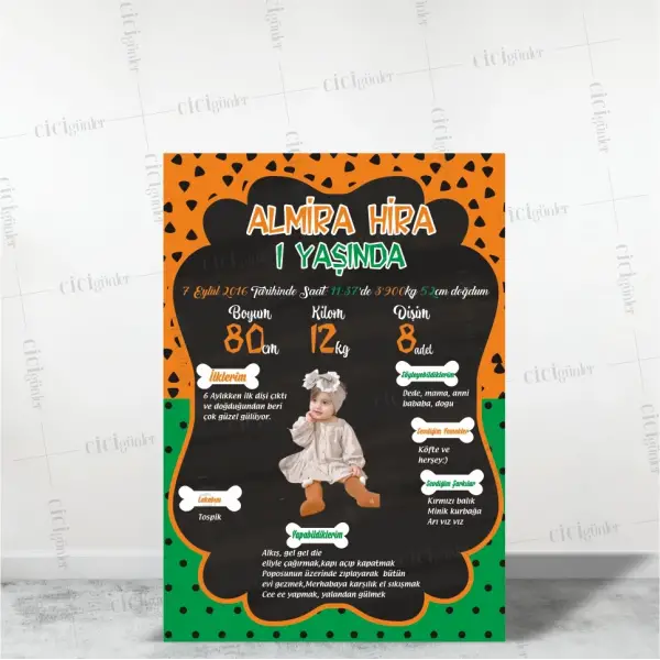 1 Yaş Doğum Günü Gelişim Panosu Turuncu Yeşil Zemin