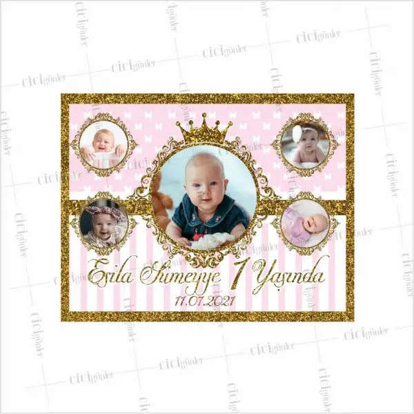 1 Yaş Doğum Günü Kız Bebek Resimli Magnet Gold Pembe Tema