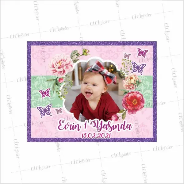 1 Yaş Doğum Günü Magnet Pembe Zemin Çiçek Çerçeve Kelebek Detaylı
