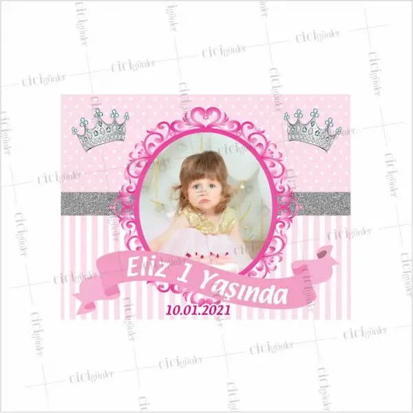 1 Yaş Doğum Günü Magnet Pembe Zemin Prenses Taç Tema
