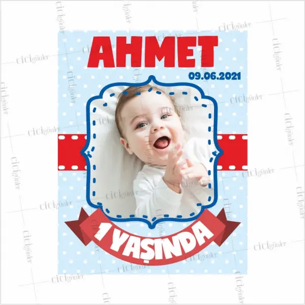 1 Yaş Doğum Günü Magneti Resimli Mavi Kırmızı Renk