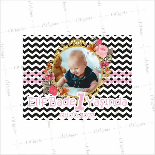 1 Yaş Doğum Günü Magneti Zig zag Zemin Çiçek Çerçeve Tema