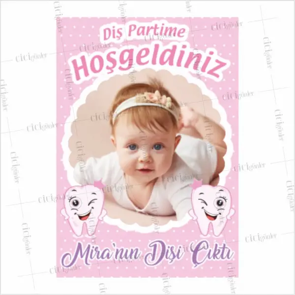 Diş Parti Afişi Pembe Zeminli Resimli Sevimli Diş Konsept