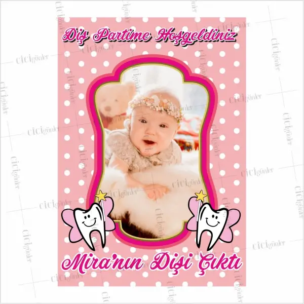 Diş Parti Afişi Resimli Pembe Zemin Sevimli Dişler Konsept