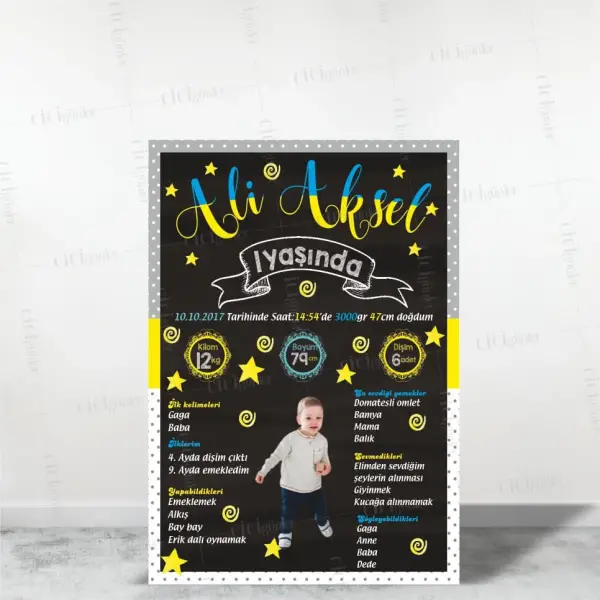 Doğum Günü Gelişim Anı Panosu Sarı Gri Mavi Renk Tema