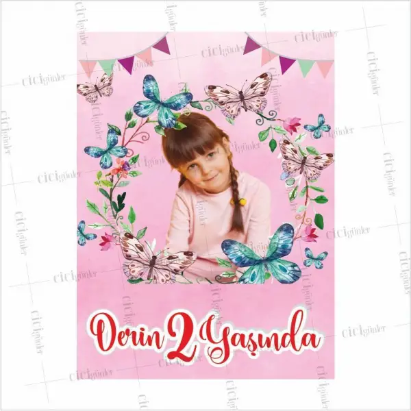 Doğum Günü Magneti Kız Çocuk Resimli Kelebek Çerçeve Tema