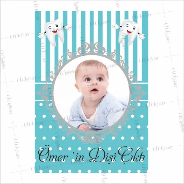 Erkek Bebek Diş Parti Afişi Mavi Beyaz Zemin Gri Çerçeve Sevimli Diş Konsept