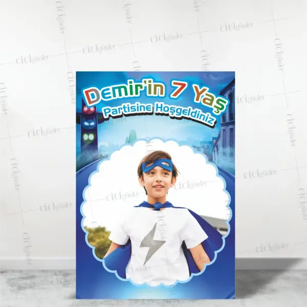 Resimli Erkek Çocuk Doğum Günü Karşılama Panosu Mavi Zeminli (30x40 Ebat)