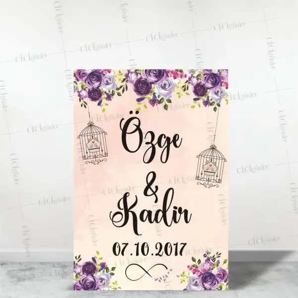 Söz Nişan Düğün Karşılama Pano Mor Gümüş Çiçek Kafes Tema