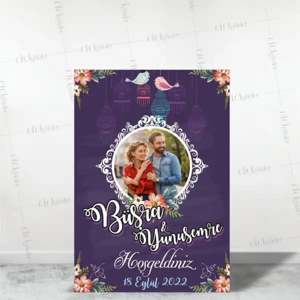Söz Nişan Düğün Karşılama Panosu Resimli Mor Zemin Kafes Tema