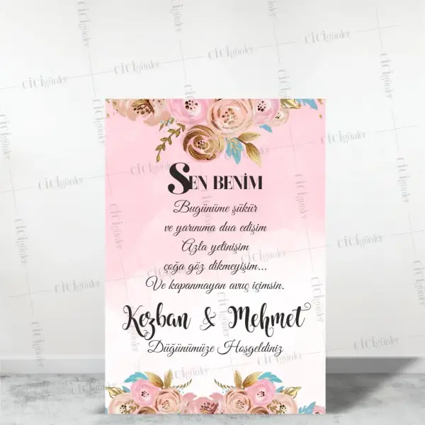 Söz Nişan Düğün Pano Gold Pembe Çiçek Tema