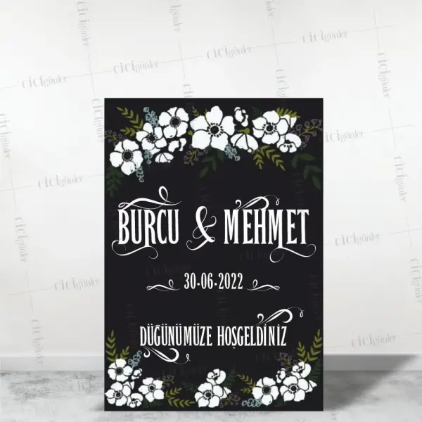 Söz Nişan Düğün Pano Siyah Zemin Beyaz Çiçek Konsept