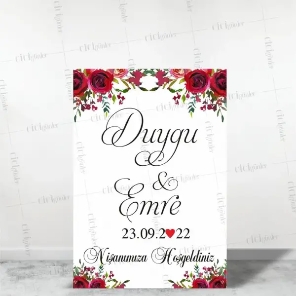 Söz Nişan Düğün Panosu Kırmızı Boho Çiçek Temalı
