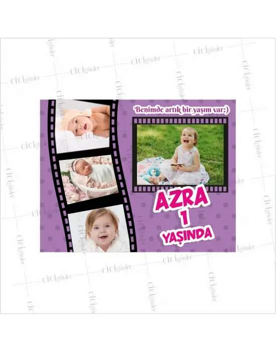 Kız Bebek 1 Yaş Doğumgünü Magneti Resimli Mor Zemin Kolaj Temalı