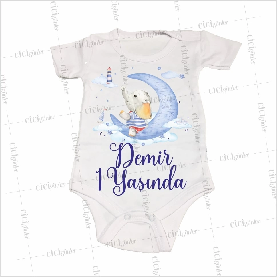 1 Yaş Doğum Günü Bebek Zıbın Sevimli Fil Denizci Ay Tema