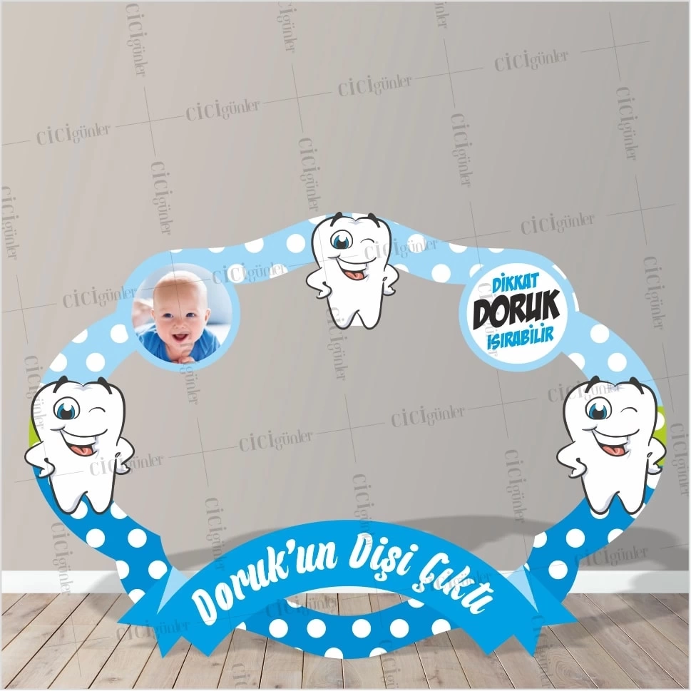 Diş Partisi Hatıra Çerçeve Mavi Puantiye Zemin Resimli Sevimli Dişler Tema