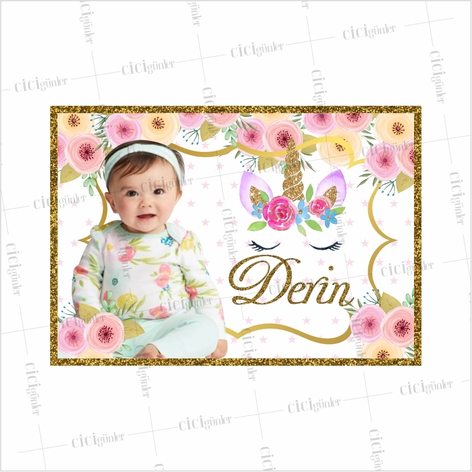 Resimli Kız Bebek Doğumgünü Afişi Soft Çiçek Detaylı