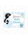 Baby Shower Afiş Bebe Mavisi Zemin Mavi Elbiseli Anne Bebek Arabası Detaylı