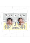 İkiz Bebekler Doğumgünü 1 Yaş Afişi Sarı Gri Renk Fil Temalı