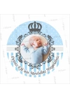 Mavi Beyaz Zemin Gri Çerçeve Detaylı Resimli Bebek Mevlit Afişi Yuvarlak Model