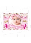 Prenses Taç Temalı Pembe Çiçek Zeminli 1 Yaş Doğumgünü Afişi