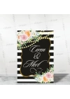 Söz Nişan Düğün Karşılama Panosu Siyah Beyaz Şerit Çizgi Soft Çiçek Vintage Lamba Temalı